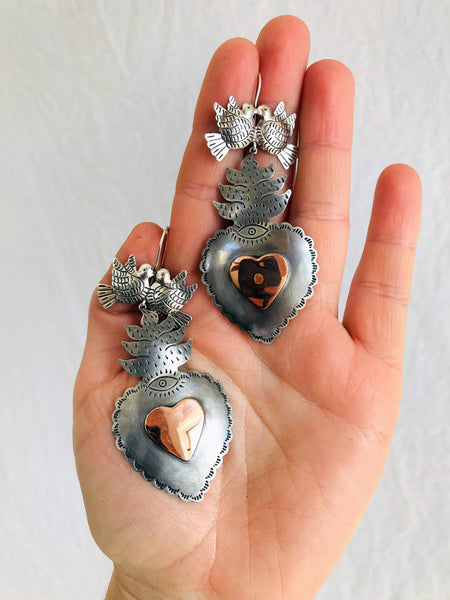 Taxco Silver Sacred Heart Earrings. Sterling & Copper.Frida Kahlo