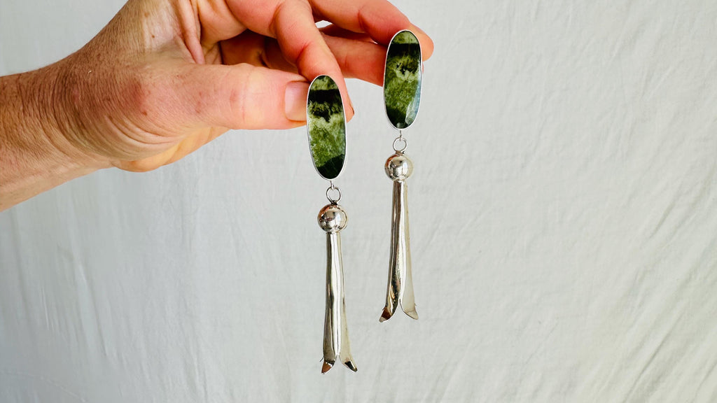 Serpentine Earrings with Squash Blossoms. Handmade Sterling Silver Jewelry. 2707