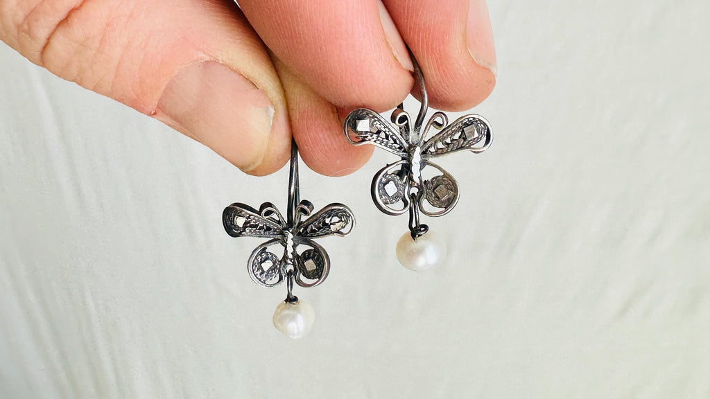 Oaxacan Filigree Earrings. Pearl & Silver. Butterflies. Mexico. Frida Kahlo. 4179