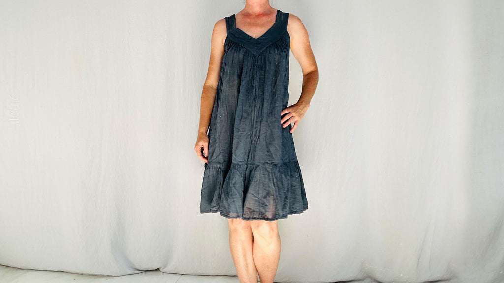 Mexican Gauze Dress. Slate Gray. V Neck. All Cotton