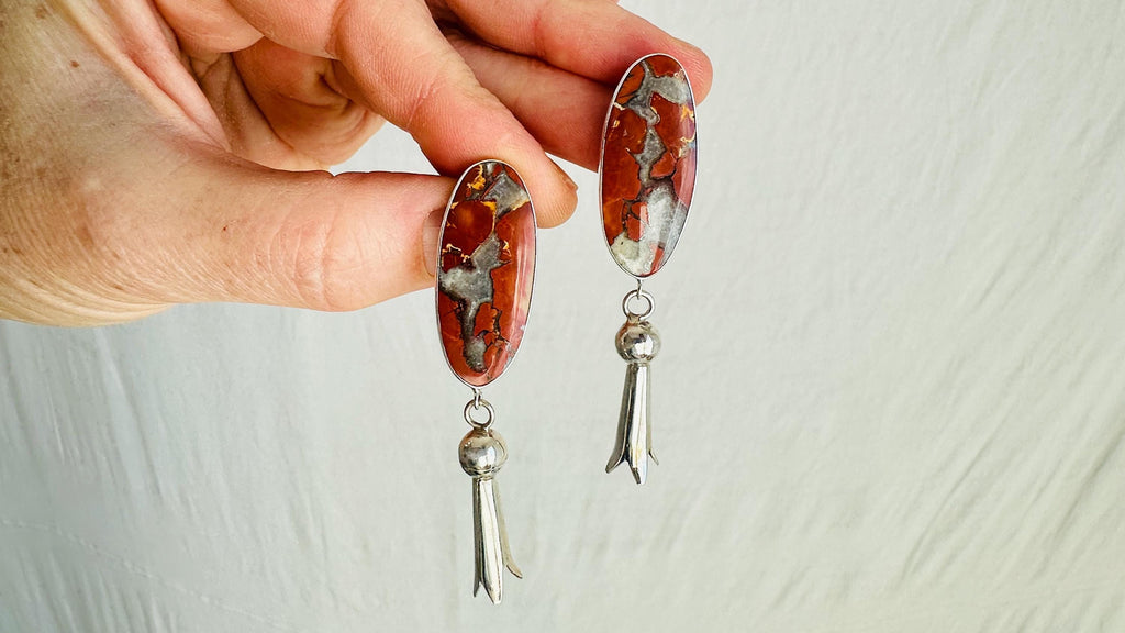 Red Jasper Earrings with Squash Blossoms. Sterling Silver. 2708