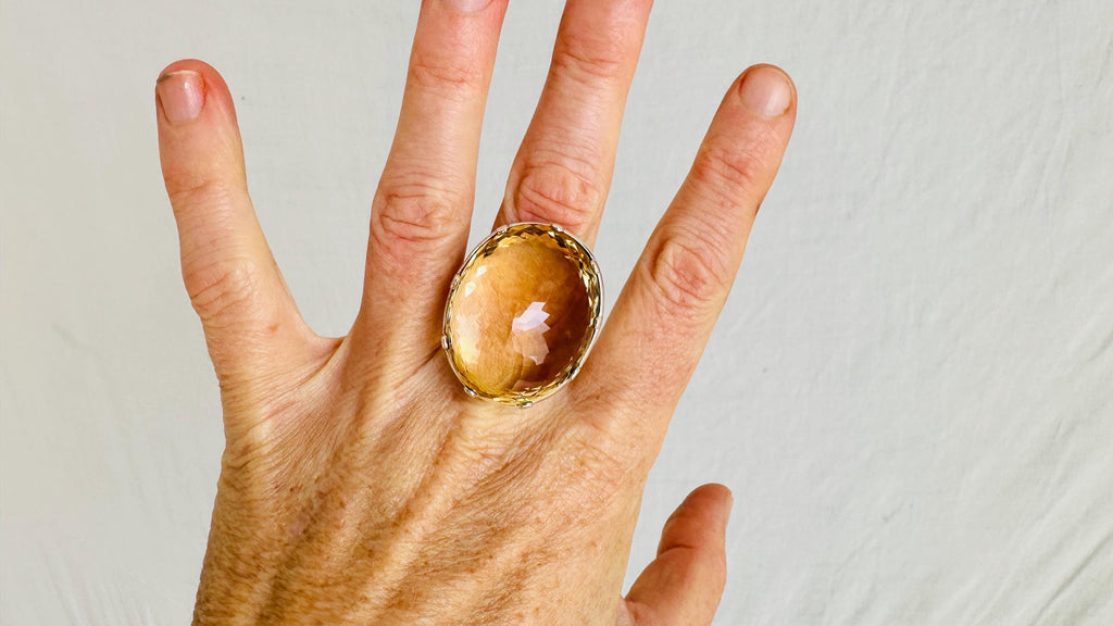 Oversized Faceted Citrine Cocktail Ring | Handmade Adjustable Sterling Silver | Unique Gemstone Jewelry. 4023