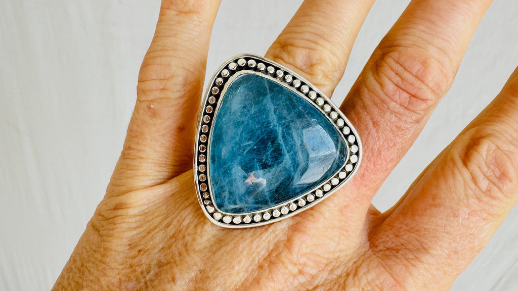 Oversized Aquamarine Cocktail Ring | Handmade Adjustable Sterling Silver | Unique Gemstone Jewelry. 0550