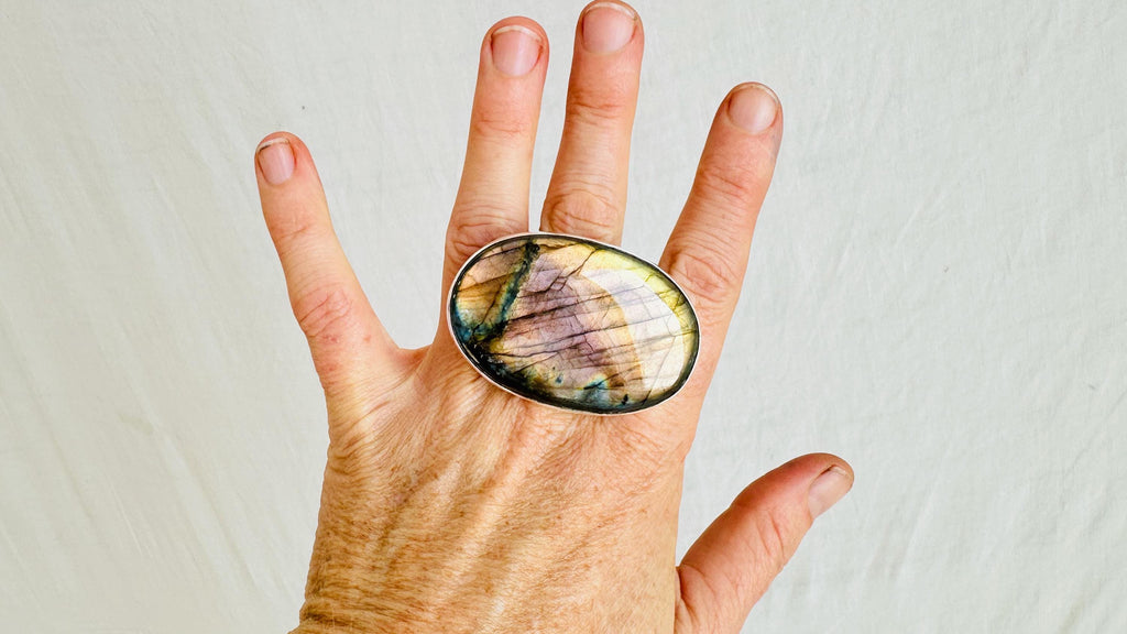 Oversized Labradorite Cocktail Ring. Beautiful Blue Flash Jewelry. Adjustable Sizing. 2607