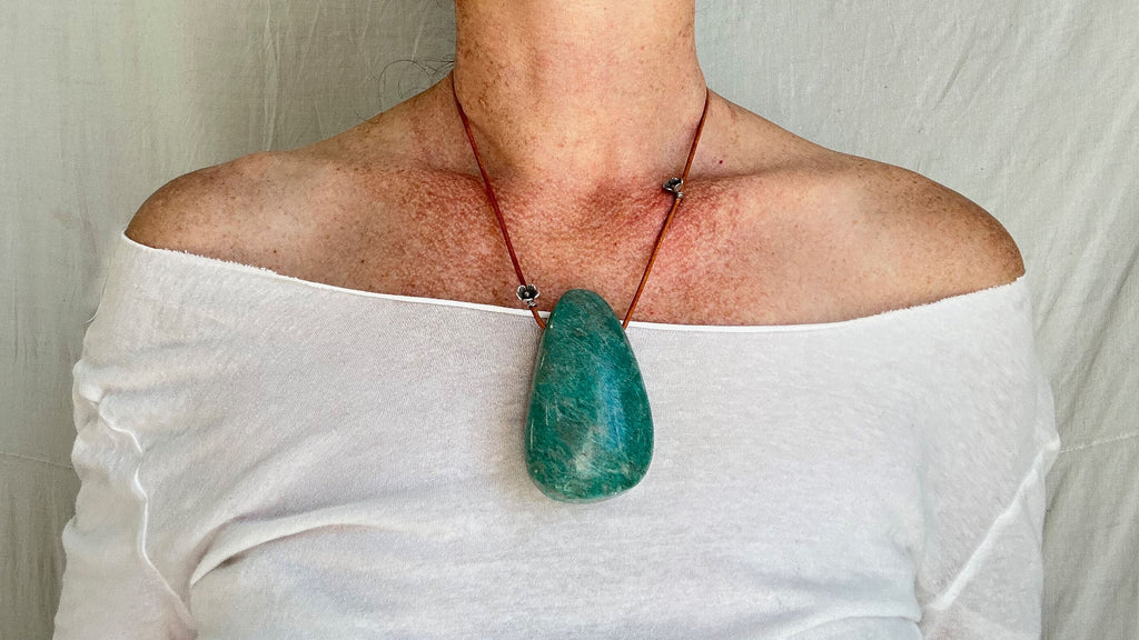 Large Amazonite Pendant. Leather & Silver Cord