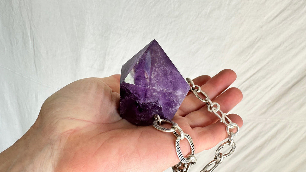 Huge Amethyst Pendant Necklace. Chunky Silver Chain. Sterling Silver. 2230