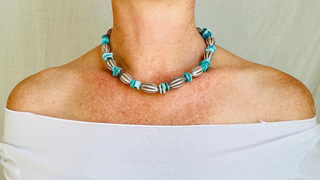 Silver & Turquoise Beaded Necklace. Handcrafted Sterling Silver Jewelry. Boho Jewelry. Gift for Her. 2126