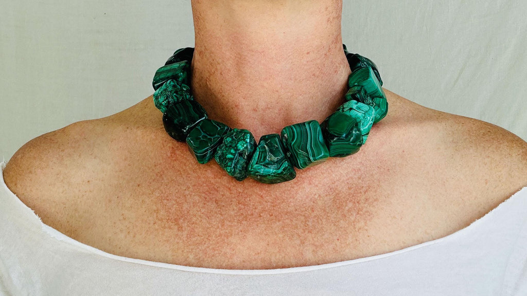 Malachite Beaded Necklace. Chunky Natural Malachite. Handmade Designer Jewelry.