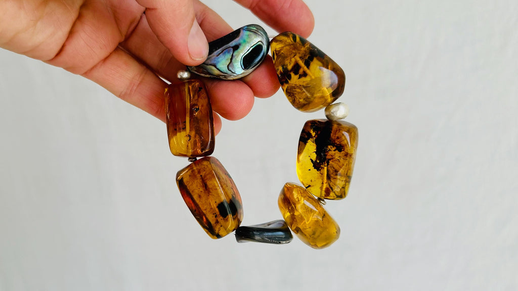 Chunky Amber Bracelet, Beaded Paua Shell Jewelry, Unique Handmade Accessory for Women, Gifts for Her, Boho Chic Style. 2554