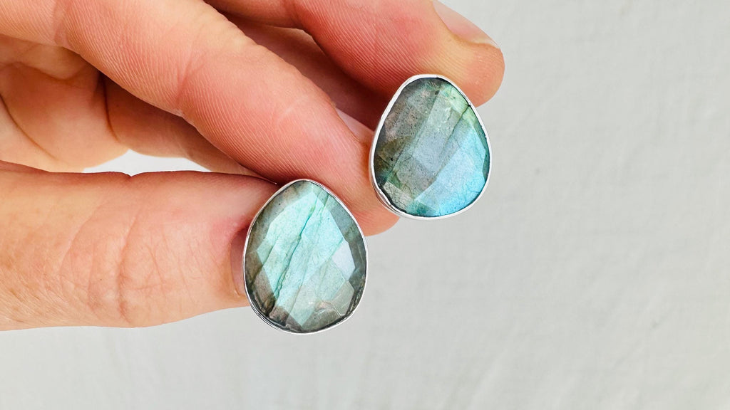 Labradorite Post Earrings. Flashy Blue Stone. Handmade Sterling Silver Jewelry. Small Gift for Her 0928