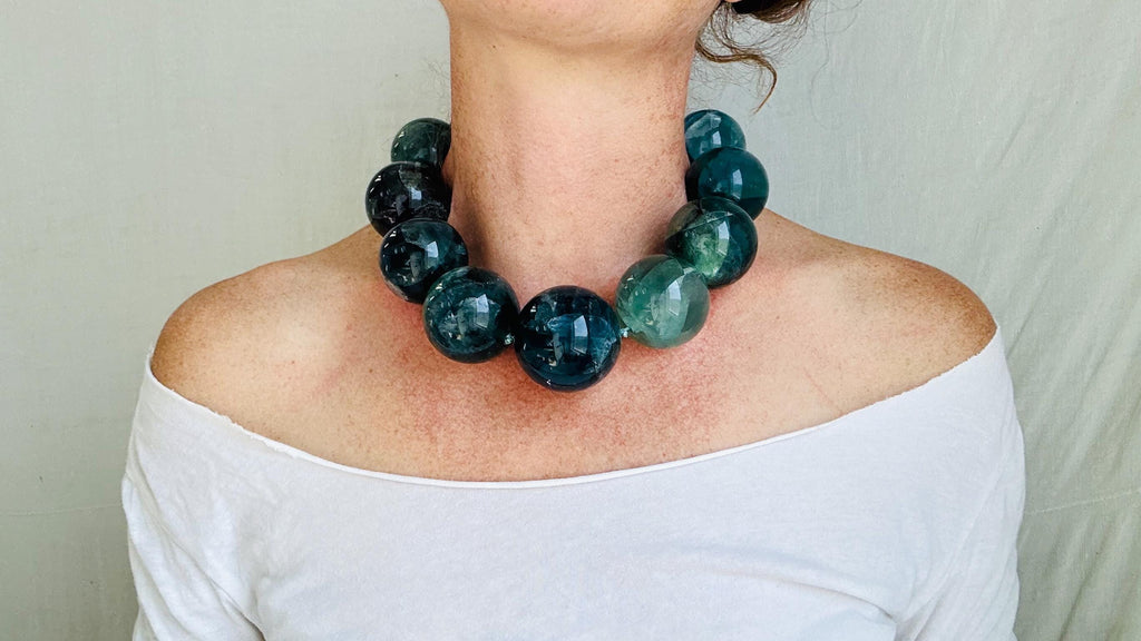 Chunky Fluorite Necklace. Designer Handmade Necklace. Sterling Silver Jewelry. Natural Stone Choker. 2655