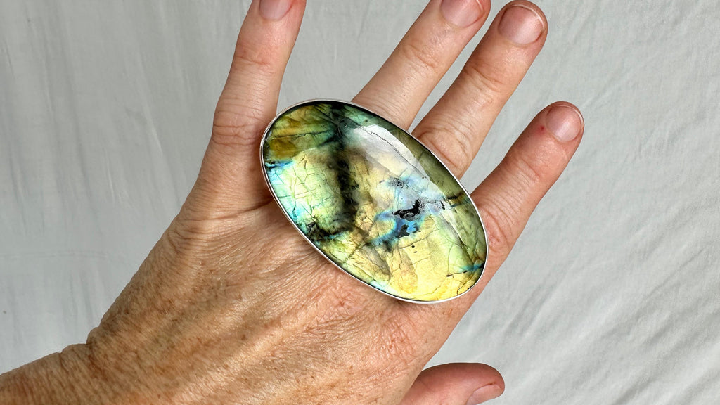 Labradorite Two Finger Ring. Adjustable. Gorgeous Flash. 1135