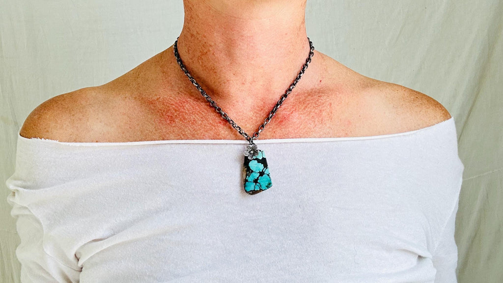 Turquoise Pendant Necklace. Handmade Sterling Silver Chain with Flowers. Natural Turquoise Jewelry. 0702