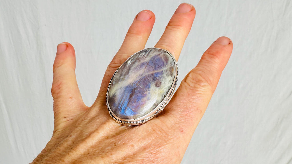 Belomorite Moonstone-Sunstone Cocktail Ring. Oversized Sterling Silver Designer Ring. Botanicals. Gorgeous! Size 9.25. 4130