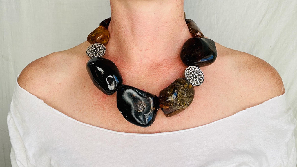 Dramatic Amber Necklace. Antique Sterling Silver Beads. Maximalist Designer Jewelry. IN COMPLIANCE with Etsy Regulations