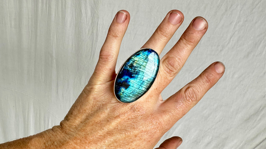 Fiery Oversized Labradorite Ring. Gorgeous Aqua. Adjustable. 1137