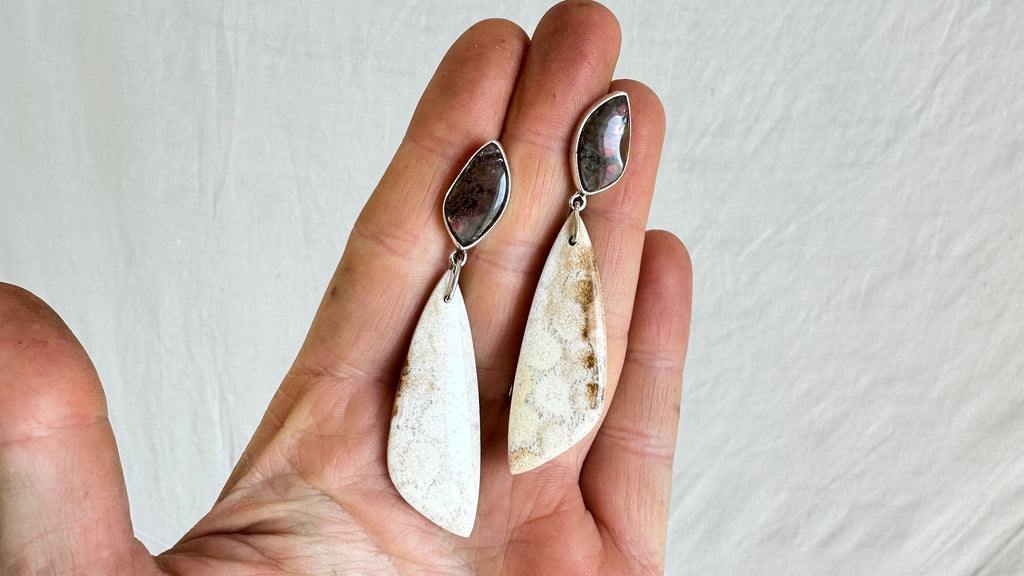 Ammonite & Fossilized Coral. Sterling Silver Drop Earrings.