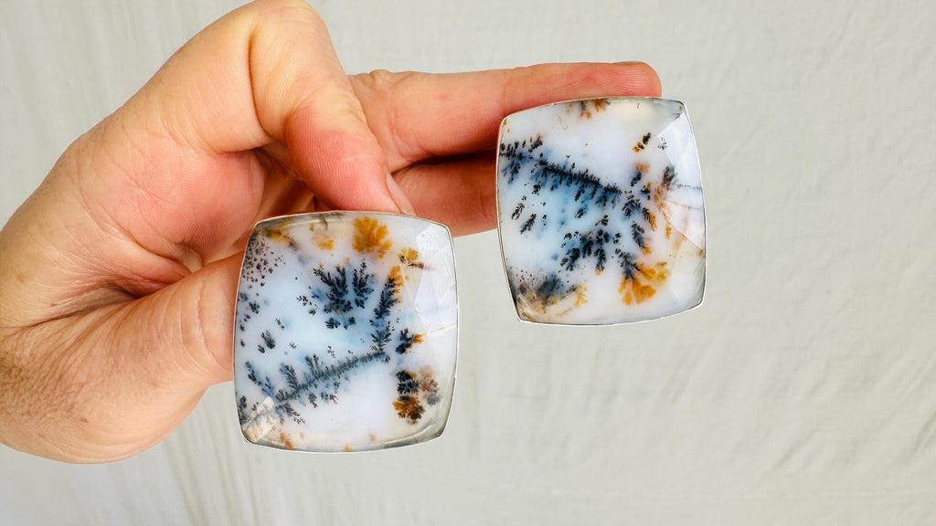 Faceted Dendritic Agate Earrings. Designer Sterling Silver Posts. Handmade Maximalist Earrings. 4077