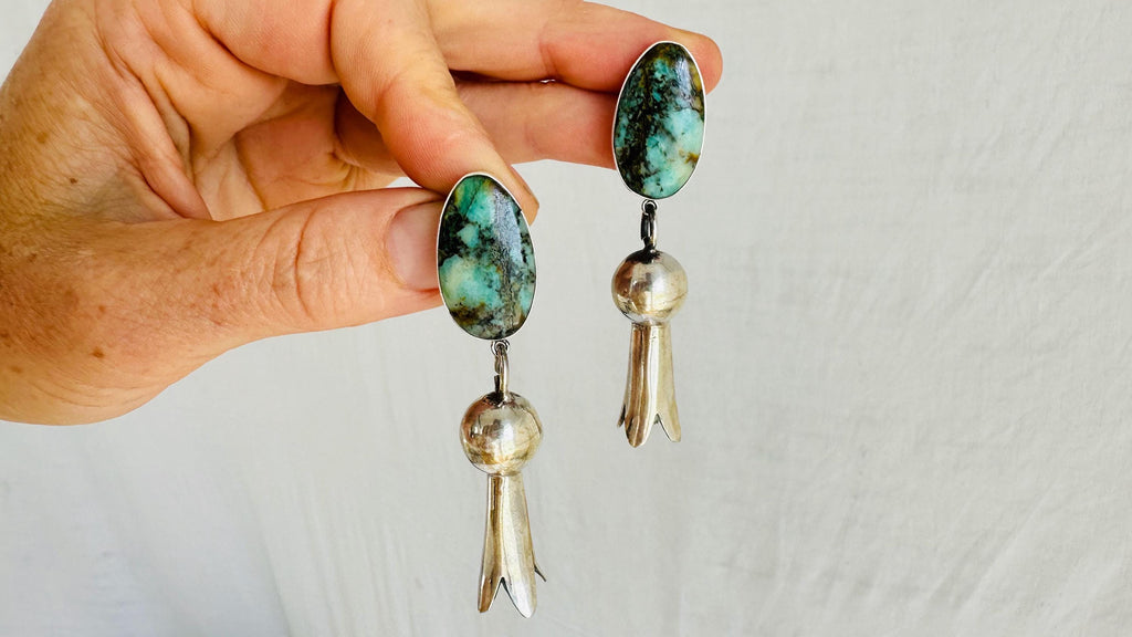 Chrysocolla Earrings with Squash Blossoms. Sterling Silver. 2611