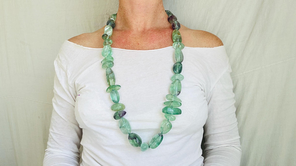 Long Fluorite Necklace. Handmade Beaded Jewelry. Beautiful Blue Green Stone. Statement Necklace.