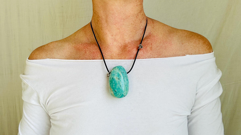 Large Amazonite Pendant on a Leather Cord with Sterling Silver Closure. Designer Necklace. 4098