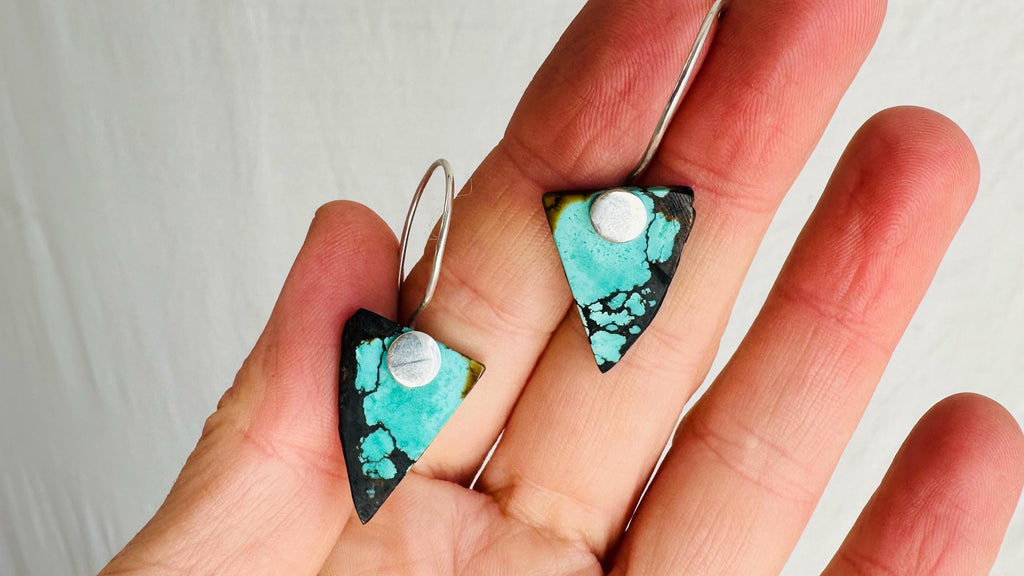 Turquoise & Silver Earrings. Handmade Sterling Silver Jewelry. Natural Hubei Stone. 2664