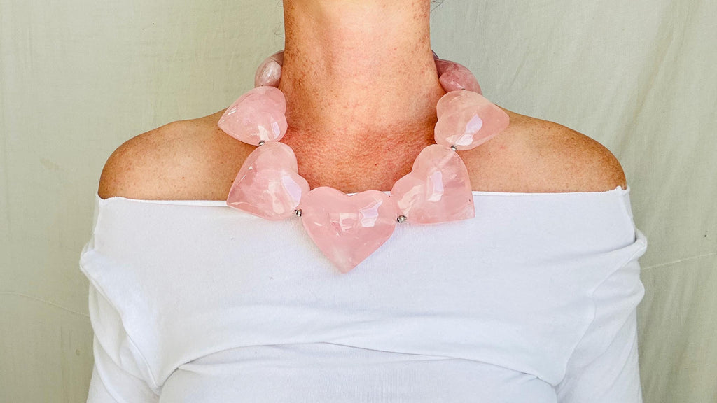 Rose Quartz Heart Necklace. Maximalist Designer Jewelry. Handcrafted with Sterling Silver. 2692