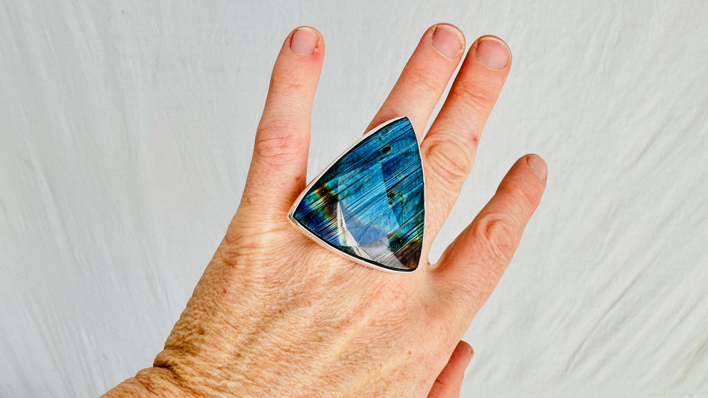 Oversized Labradorite Ring. Gorgeous Blue Stone Cocktail Ring. Adjustable Designer Ring. 4032