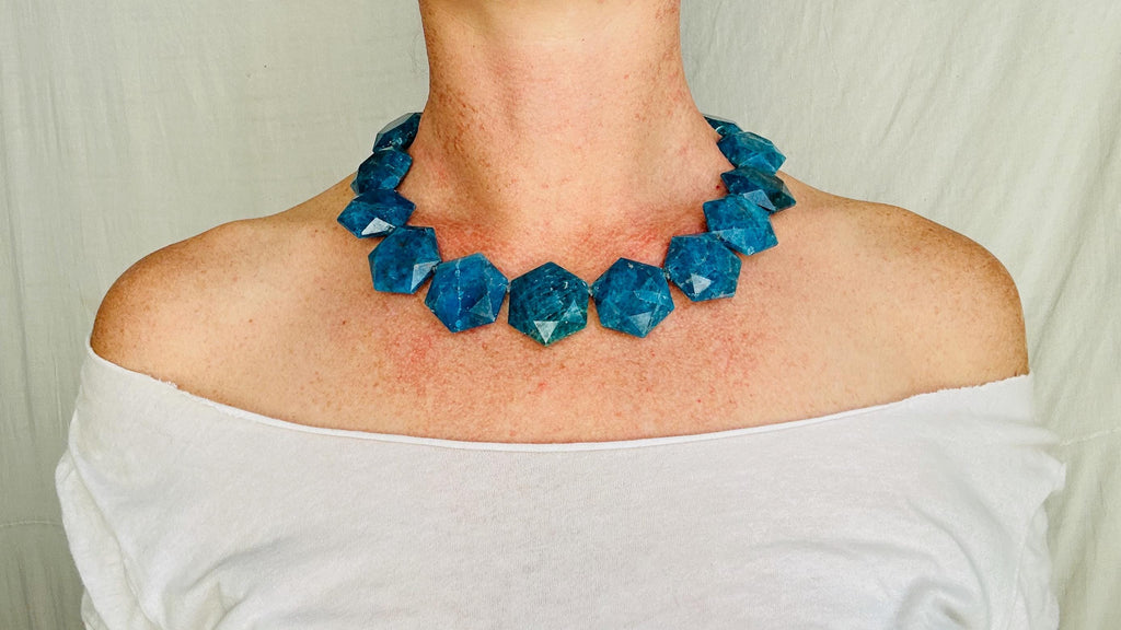 Blue Apatite Necklace. Hand-Cut Star Beads. Sterling Silver Clasp. Gift for Her. 2671