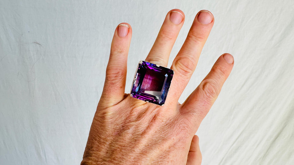 Oversized Faceted Amethyst Cocktail Ring | Handmade Adjustable Sterling Silver | Unique Gemstone Jewelry. 4100