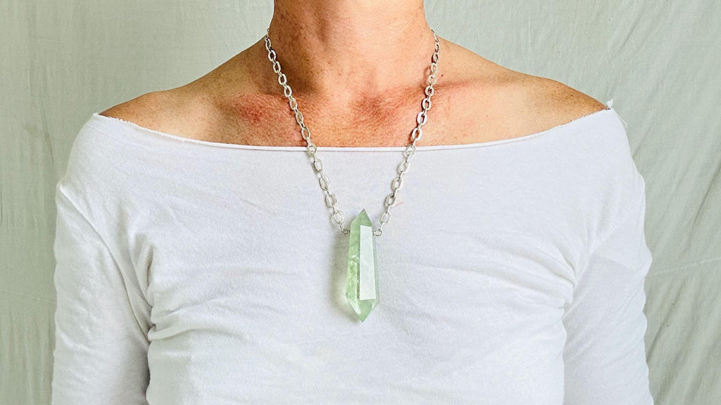 Natural Green Quartz Crystal Pendant Necklace. Sterling Silver. Atelier Aadya. Medicine Necklace. 2248