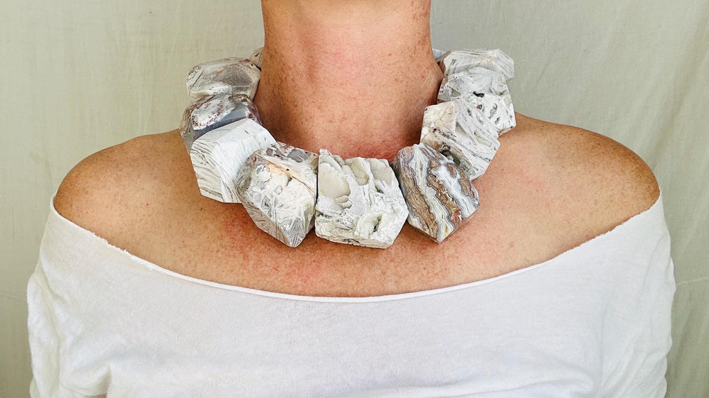 White Mexican Agate Necklace. Handmade Sterling Silver Designer Jewelry. Statement Necklace.