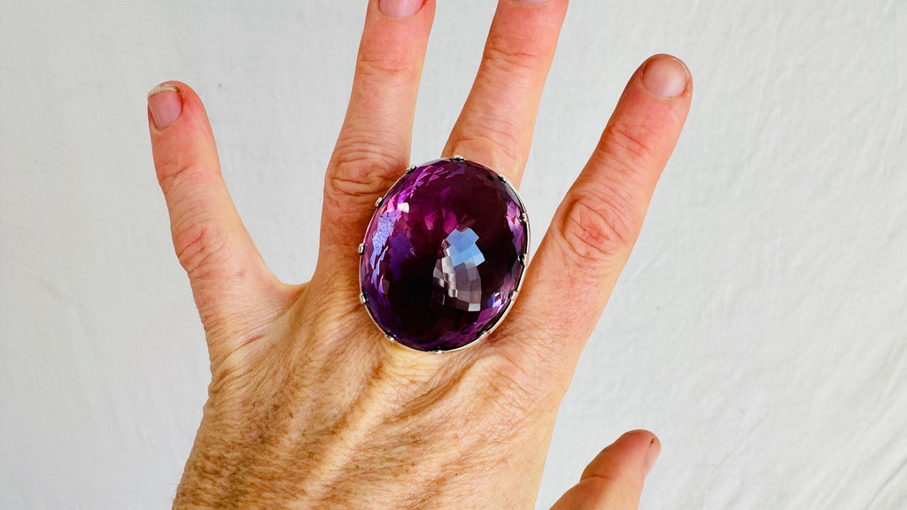 Oversized Faceted Amethyst Ring | Handmade Adjustable Sterling Silver | Unique Gemstone Jewelry. 4106