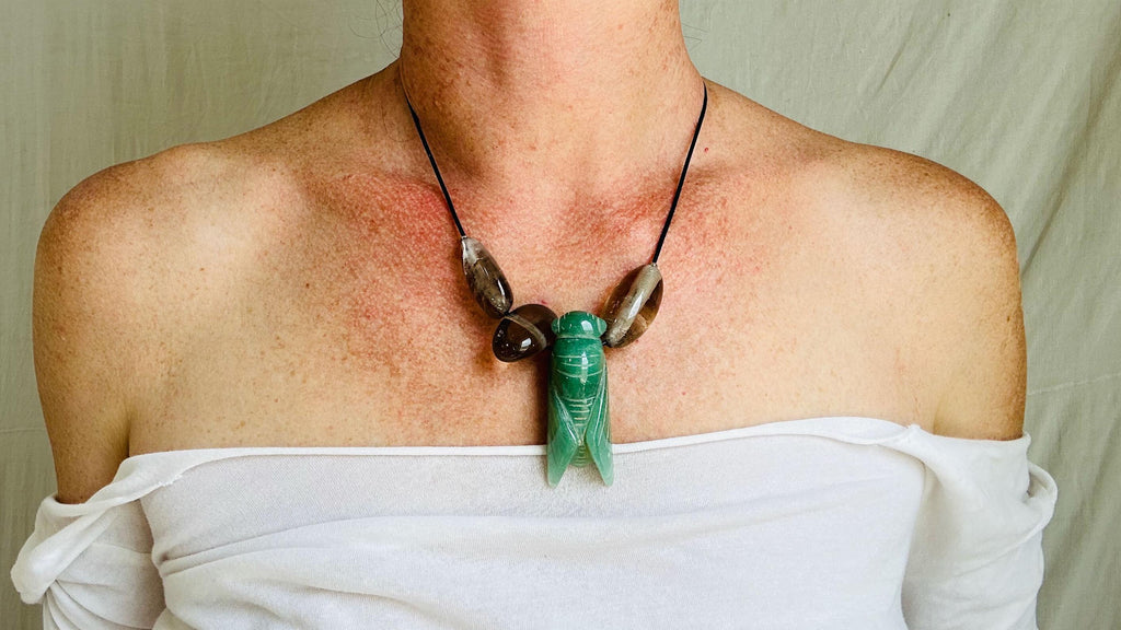 Aventurine Cicada and Smoky Quartz Pendant Necklace. Medicine Necklace. 2318