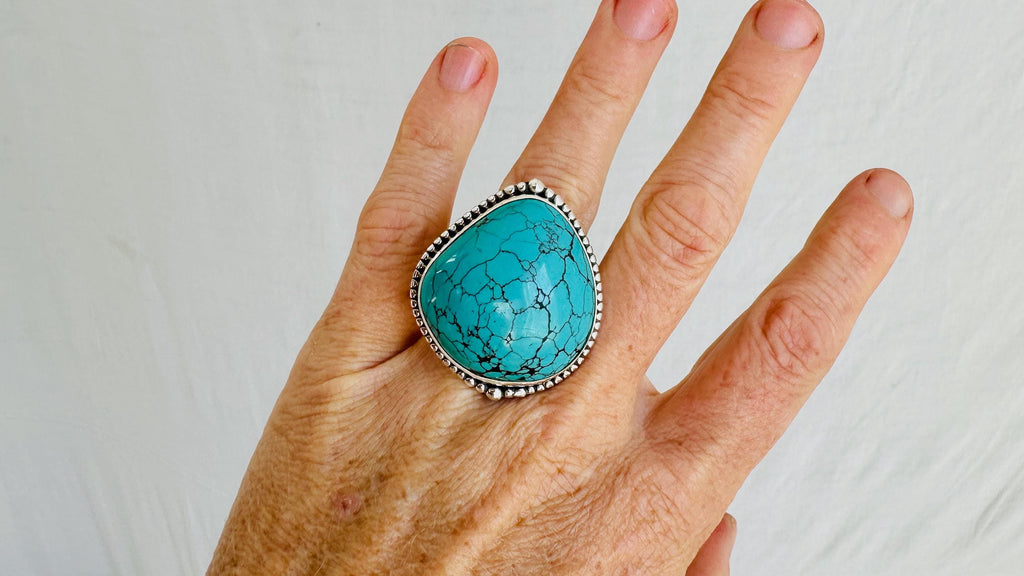 Hubei Turquoise Cocktail Ring. Adjustable Size. Handmade Sterling Silver Jewelry. Statement Ring. 0907