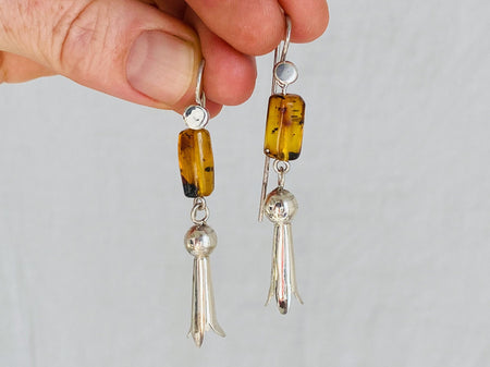 Native American Old Style Sterling Silver Squash Blossom 1.75 Drop Earrings