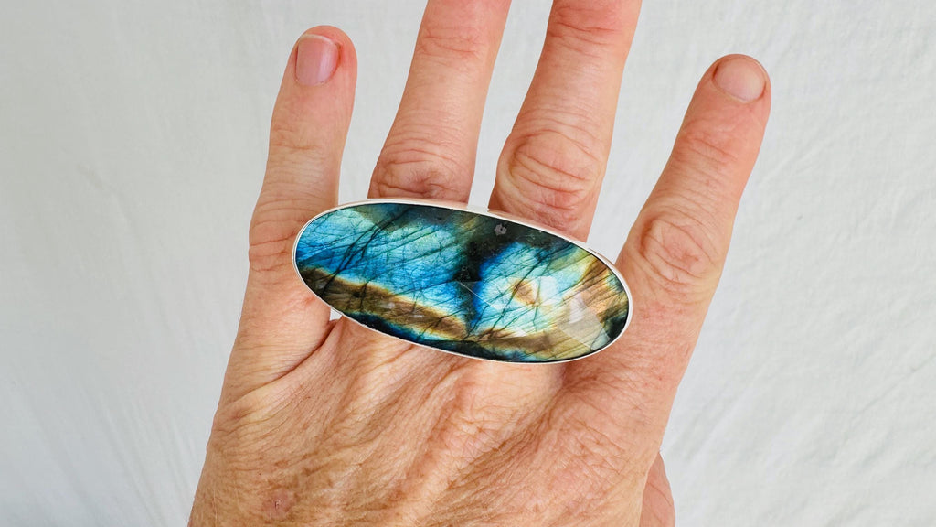 Labradorite Two Finger Ring. Adjustable Sizing. Handmade Sterling Silver. Gorgeous Flash. 4047