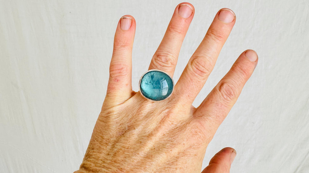 Oversized Aquamarine Cocktail Ring | Handmade Adjustable Sterling Silver | Unique Gemstone Jewelry. 0922