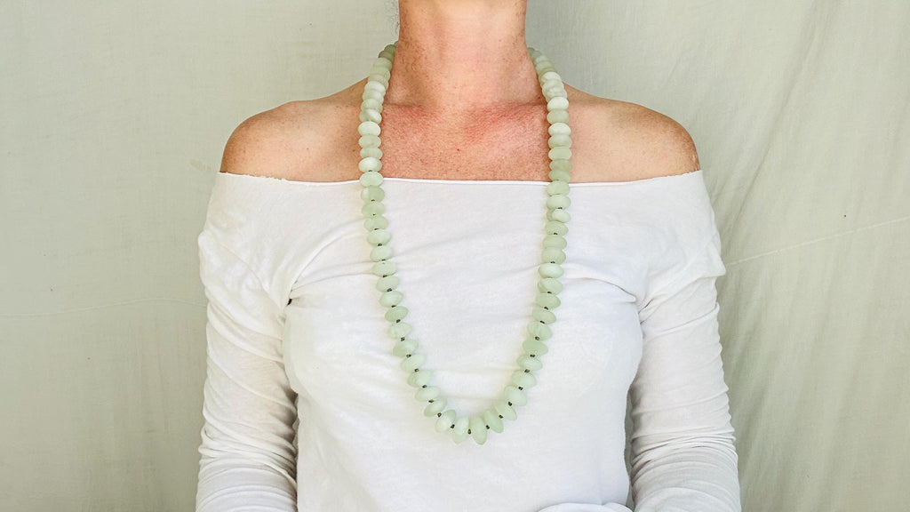 Long Fluorite Necklace. Handmade Beaded Jewelry. Beautiful Green Stone. Statement Necklace.