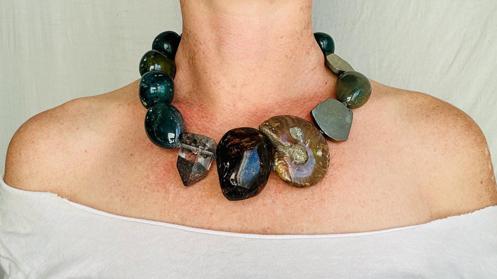 Green Jasper, Ammonite and Pyrite Necklace. Designer Stone Choker. 4069