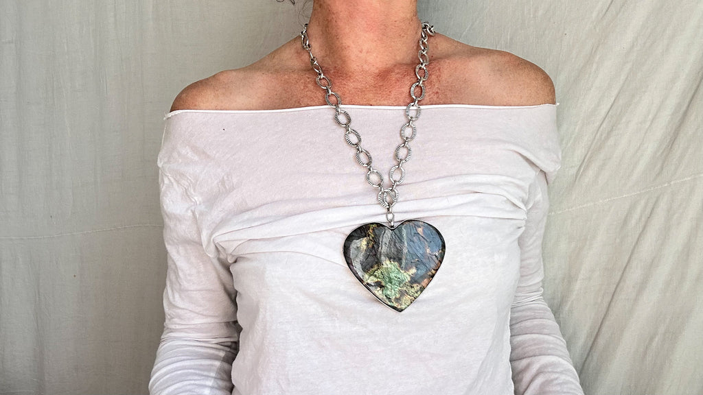 Huge Labradorite Heart Pendant Necklace. Chunky Silver Chain. Sterling Silver. 2288