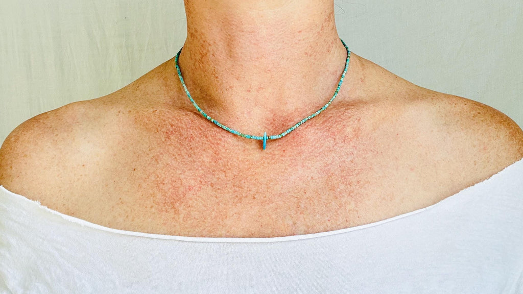 Natural Turquoise Necklace. Tiny Turquoise Heishi and Sterling Silver. 4064