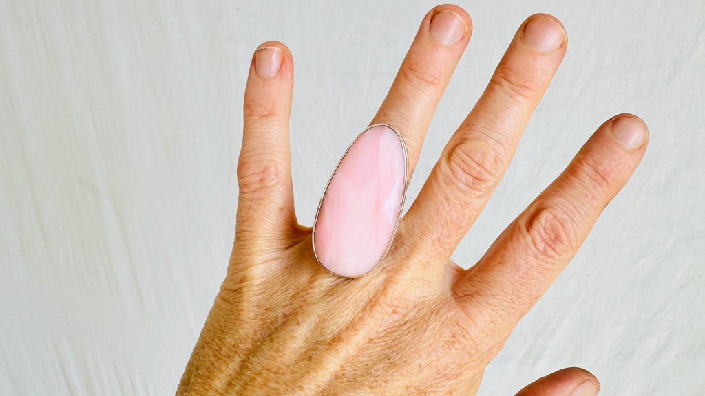 Oversized Pink Opal Cocktail Ring | Handmade Adjustable Sterling Silver | Unique Gemstone Jewelry. 0680