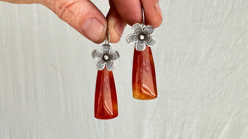 Carnelian Flower Earrings. Handmade Sterling Silver Jewelry. 0630