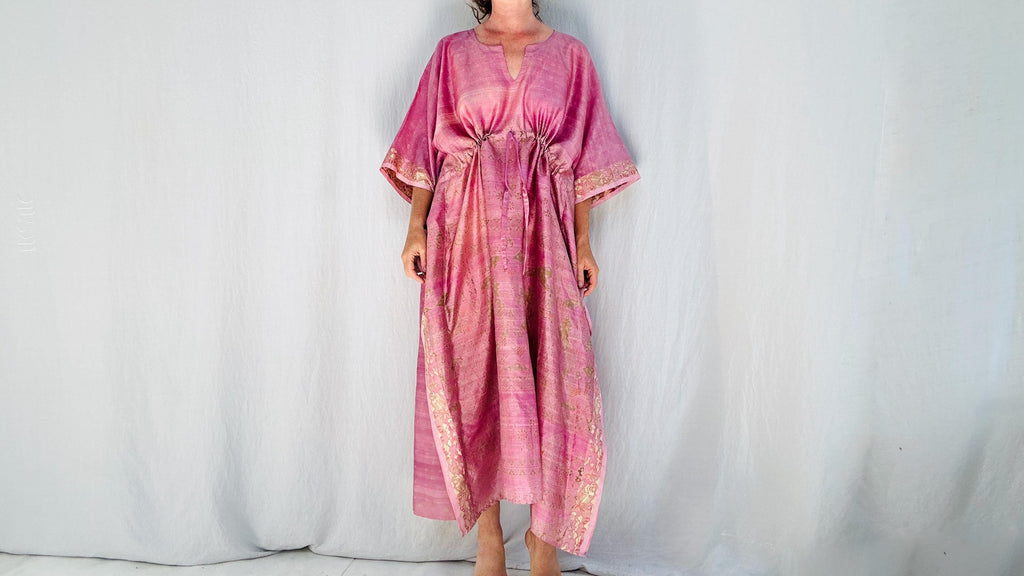 Block Print Silk Kaftan. Repurposed Vintage Silk Sari