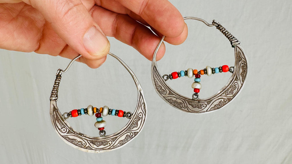 Vintage Uzbek Hoop Earrings. Bukhari Silver and Pearl Earrings. 4115