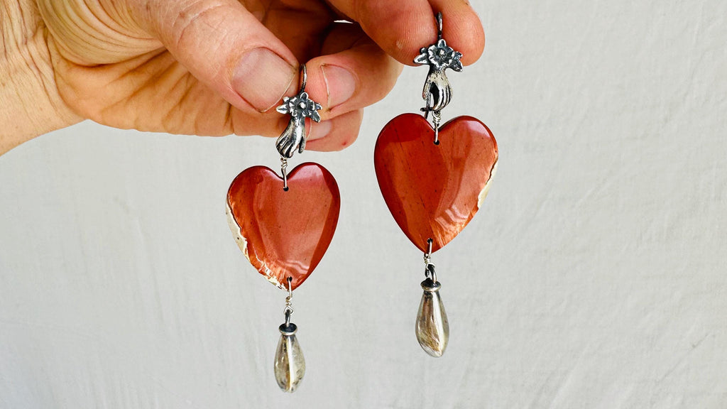 Red Jasper Heart Earrings. Monte Alban Bells Sterling Silver. 2585