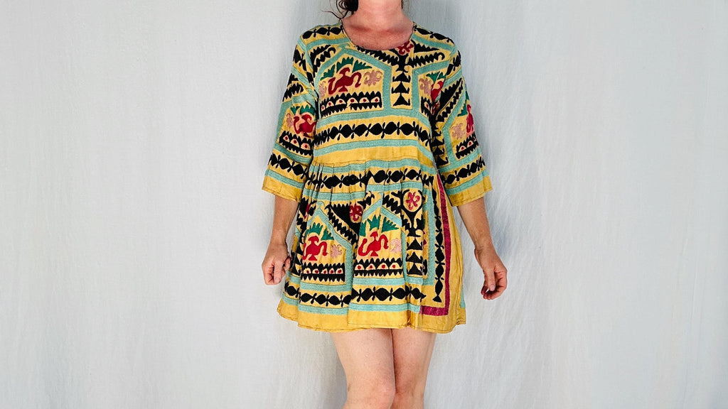 Vintage Uzbek Suzani Hand-Embroidered Cotton Mini Dress. XS-S