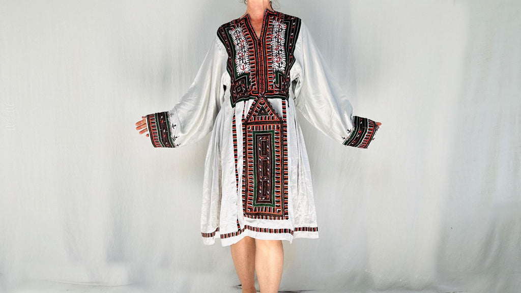 Vintage Balochi Hand-Embroidered Satin Dress. M-L