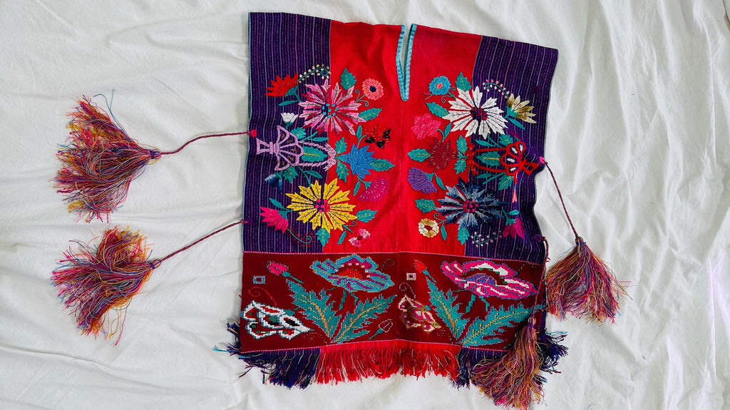 Vintage Zinacantan Men's Poncho Tassels . Mayan. Chiapas Mexico. Hand-Woven & Embroidered. Rare